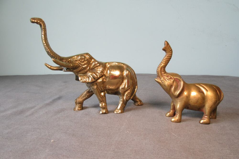 Vintage Lot Of 2 Brass Elephants Trunk Up Figurines